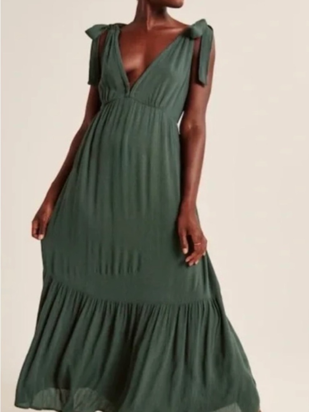 Abercrombie and FitchTiered V-Neck Maxi Dress with Tie Straps - Olive Green - Picture 2 of 6